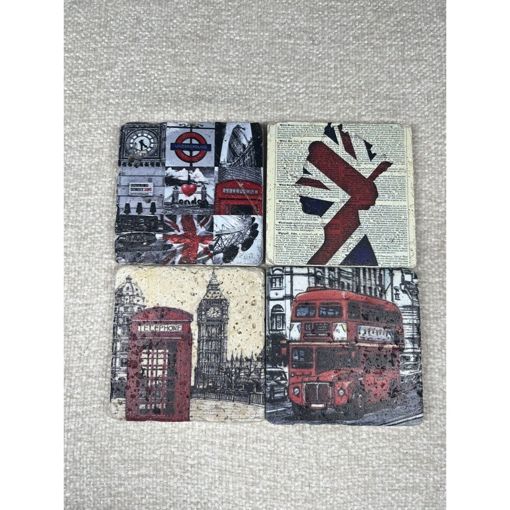 Natural Stone Ivory Travertine Coasters Set of 4 English Landmark Theme Big Ben